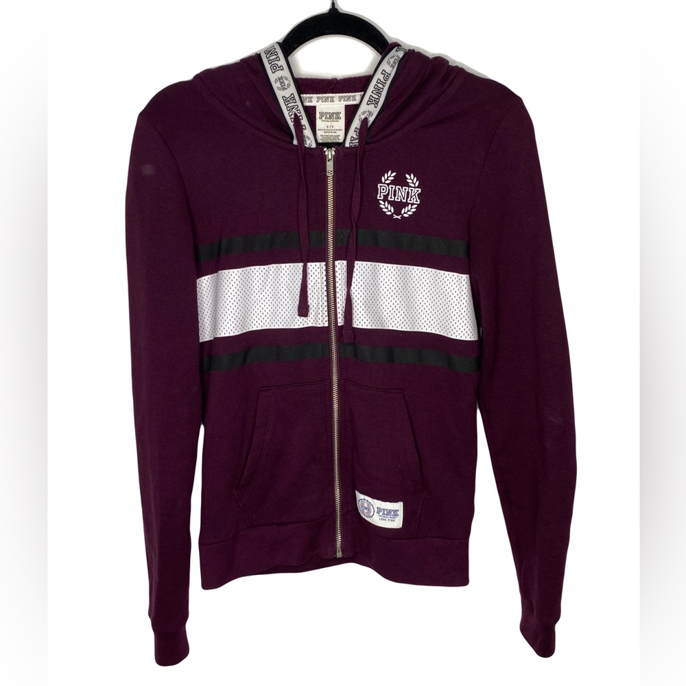Victoria’ Secret PINK Maroon Black and White Hooded Sweater Jacket Women’s Small